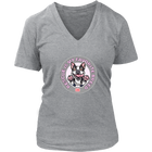 a women's heather grey v-neck shirt featuring the OMG You're Home Boston Terrier dog design with Rescue is my favorite breed in pink letters