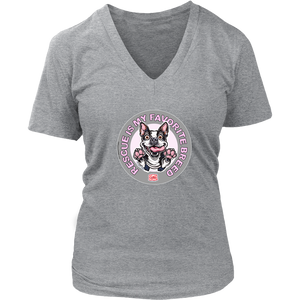 a women's heather grey v-neck shirt featuring the OMG You're Home Boston Terrier dog design with Rescue is my favorite breed in pink letters