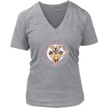 Load image into Gallery viewer, A womens heather grey V-Neck by District features the original Golden Retriever dog artwork by OMG You're Home! This collection is dedicated to those of us who love and support rescues.