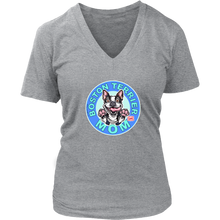 Load image into Gallery viewer, A women's light grey v-neck shirt from OMG You're Home! with the Boston Terrier dog Mom design on the front in blue letters