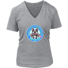 A women's light grey v-neck shirt from OMG You're Home! with the Boston Terrier dog Mom design on the front in blue letters