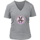 A women's heather grey v-neck shirt from OMG You're Home! with the Boston Terrier dog Mom design on the front in pink letters