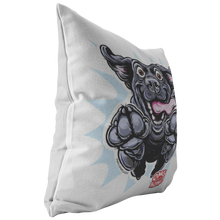 Load image into Gallery viewer, left side view of a soft decorative pillow featuring an excited Black Labrador Retriever from OMG You&#39;e Home