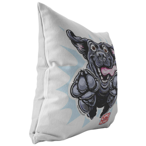 left side view of a soft decorative pillow featuring an excited Black Labrador Retriever from OMG You'e Home