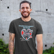 Load image into Gallery viewer, man wearing a grey t-shirt with the Emotional Support Human design with the OMG excited black labrador retriever
