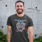 man wearing a grey t-shirt with the Emotional Support Human design with the OMG excited black labrador retriever