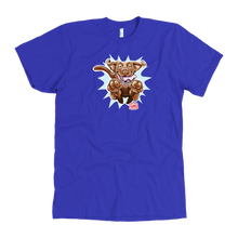 Load image into Gallery viewer, front view of a men's royal blue t-shirt with the OMG You're Home Chocolate Labrador Retriever dog design in full color