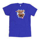 front view of a men's royal blue t-shirt with the OMG You're Home Chocolate Labrador Retriever dog design in full color