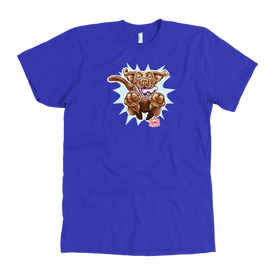 front view of a men's royal blue t-shirt with the OMG You're Home Chocolate Labrador Retriever dog design in full color