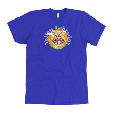 Load image into Gallery viewer, front view of a men's royal blue American Apparel  t-shirt featuring the OMG You're HOME! Yellow Labrador Retriever design