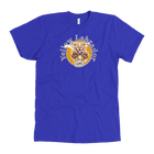 front view of a men's royal blue American Apparel  t-shirt featuring the OMG You're HOME! Yellow Labrador Retriever design
