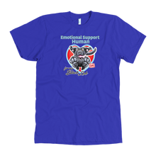 Load image into Gallery viewer, a  royal blue OMG You're Home t-shirt featuring the Emotional Support Human for my Black Labrador Retriever design on the front in full color