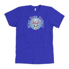 Load image into Gallery viewer, The front view of a men's royal blue t-shirt featuring the OMG blue nose pit bull design on the front in full color