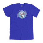 The front view of a men's royal blue t-shirt featuring the OMG blue nose pit bull design on the front in full color