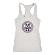 Load image into Gallery viewer, A pink Next Level Racerback Tank featuring the OMG You're Home! Boston Terrier design with "Rescue is my favorite breed"