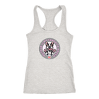 A pink Next Level Racerback Tank featuring the OMG You're Home! Boston Terrier design with "Rescue is my favorite breed"
