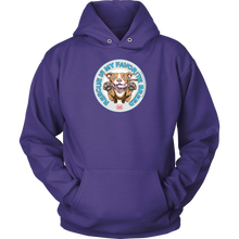 Load image into Gallery viewer, front view of a purple hoodie featuring original Red Nose Pitbull rescue artwork by OMG You're HOME!