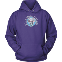 Load image into Gallery viewer, the front view of a purple unisex Hoodie featuring the OMG You're Home Blue Nose Pitbull dog design in full color.