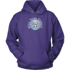 the front view of a purple unisex Hoodie featuring the OMG You're Home Blue Nose Pitbull dog design in full color.