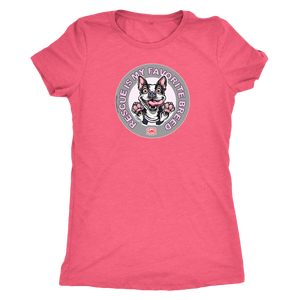 A vintage coral triblend shirt for women featuring the OMG You're Home! Boston Terrier dog design with "Rescue is my favorite breed"