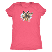 Load image into Gallery viewer, a pink Next Level Womens Triblend shirt featuring the OMG You're Home German Shepherd dog design on the front in full color.