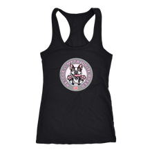 Load image into Gallery viewer, A black Next Level Racerback Tank featuring the OMG You're Home! Boston Terrier design with "Rescue is my favorite breed"