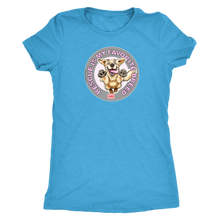 Load image into Gallery viewer, a women's light blue t-shirt featuring the original Golden Retriever dog artwork by OMG You're Home! This collection is dedicated to those of us who love and support rescues.