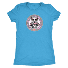 Load image into Gallery viewer, A pale blue triblend shirt for women featuring the OMG You&#39;re Home! Boston Terrier dog design with &quot;Rescue is my favorite breed&quot;