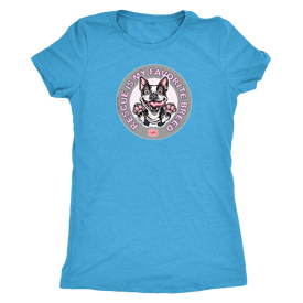 A pale blue triblend shirt for women featuring the OMG You're Home! Boston Terrier dog design with "Rescue is my favorite breed"