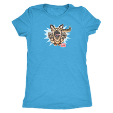 Load image into Gallery viewer, a light blue Next Level Womens Triblend shirt featuring the OMG You're Home German Shepherd dog design on the front in full color.