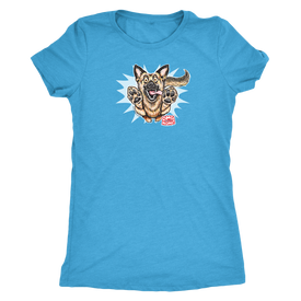 a light blue Next Level Womens Triblend shirt featuring the OMG You're Home German Shepherd dog design on the front in full color. 