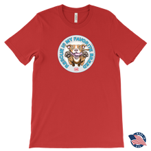Load image into Gallery viewer, Front view of a mens red T-Shirt by Canvas featuring the original Red Nose Pitbull artwork by OMG You're Home! Part of the "Rescue is my favorite breed" collection.