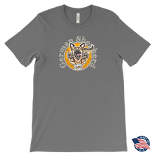 Load image into Gallery viewer, the front view of a light grey made in the USA  Canvas Mens T-Shirt featuring the original OMG You're HOME! German Shepherd design on the front.