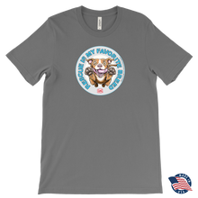 Load image into Gallery viewer, Front view of a mens grey T-Shirt by Canvas featuring the original Red Nose Pitbull artwork by OMG You're Home! Part of the "Rescue is my favorite breed" collection.