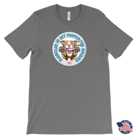 Front view of a mens grey T-Shirt by Canvas featuring the original Red Nose Pitbull artwork by OMG You're Home! Part of the "Rescue is my favorite breed" collection.