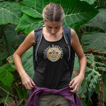 Load image into Gallery viewer, a woman wearing a black tank top with a golden retriever dog drawing on the front