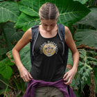 a woman wearing a black tank top with a golden retriever dog drawing on the front