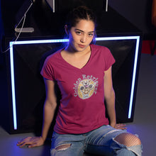 Load image into Gallery viewer, a woman wearing a red v neck shirt with a golden retriever dog drawing on the front