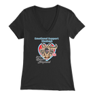 A woman's black v-neck shirt featuring the OMG You're Home! German Shepherd dog design with the text "Emotional Support Human".
