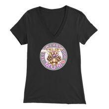 Load image into Gallery viewer, a women's black v-neck shirt with the OMG You're Home! Yellow Labrador dog mom design on the front
