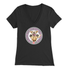 a womens black v-neck shirt featuring the original Golden Retriever dog artwork by OMG You're Home!