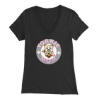 a women's black v-neck shirt with the OMG You're Home! Yorkie dog mom design on the front