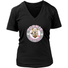 Load image into Gallery viewer, a women's black v-neck shirt with the OMG You're Home! Yorkie dog mom design on the front with pink letters