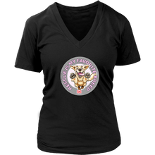 Load image into Gallery viewer, A womens black V-Neck by District features the original Golden Retriever dog artwork by OMG You're Home! This collection is dedicated to those of us who love and support rescues.