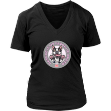 Load image into Gallery viewer, a women&#39;s black  v-neck shirt featuring the OMG You&#39;re Home Boston Terrier dog design with Rescue is my favorite breed in pink letters