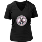 a women's black  v-neck shirt featuring the OMG You're Home Boston Terrier dog design with Rescue is my favorite breed in pink letters