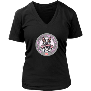 a women's black  v-neck shirt featuring the OMG You're Home Boston Terrier dog design with Rescue is my favorite breed in pink letters