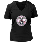 A women's black v-neck shirt from OMG You're Home! with the Boston Terrier dog Mom design on the front in pink letters