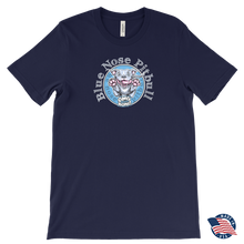 Load image into Gallery viewer, front view of a navy blue men's tshirt  featuring the OMG blue nose pitbull  design on the front - Made in the USA