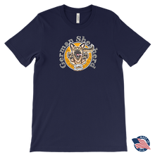 Load image into Gallery viewer, the front view of a navy blue Canvas Mens T-Shirt featuring the original OMG You&#39;re HOME! German Shepherd design on the front. Made in the USA 
